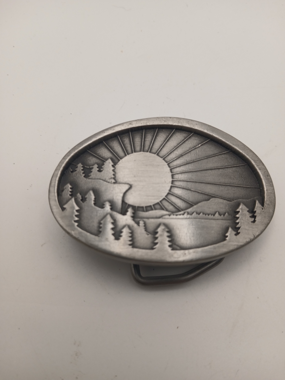 Vintage 1977 Indiana Metal Craft Sunrise Forest Scene Belt Buckle Pewter Tone US